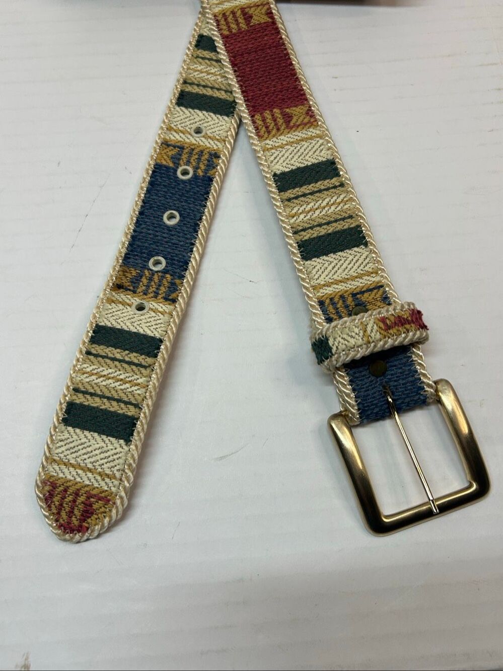 Vintage Woven Aztec Tapestry Belt Size 3X Southwestern Boho Bonded Leather Brass